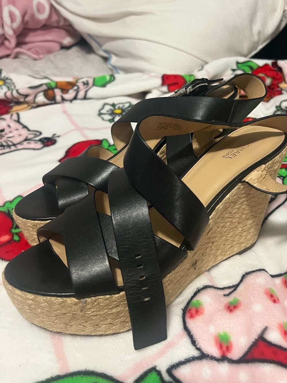 Michael Kors Black Leather Crisscross Espadrille Wedge Sandals